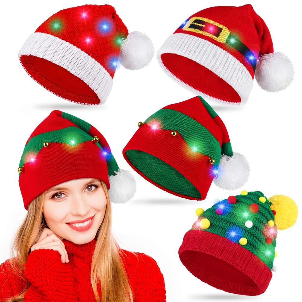 9805 4 LED Christmas Knitted Beanies - Red Elf Hat, Light Up Christmas Knit